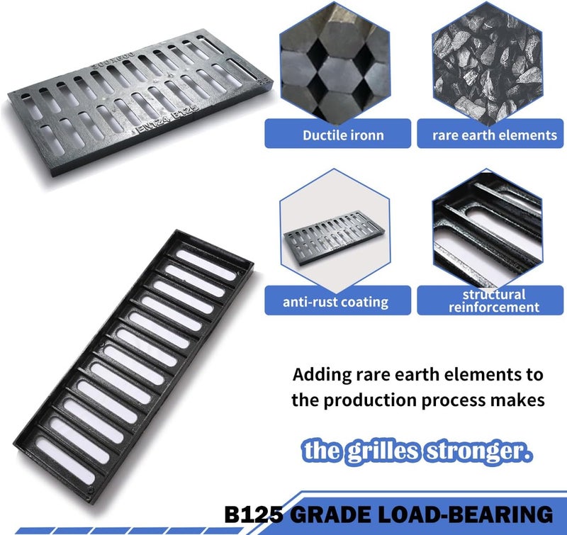 Facoba Cast Iron Drain Grate, 20 * 10in Outdoor Drain Cover, B125 Class Ductile Iron Channel Drainage Grates, Heavy Duty Sewer Grate,Black Rectangle Drain Grate for Yard,Driveway,Concrete Floor. - Image 4